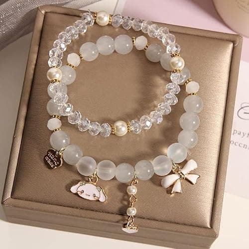 Kawaii Bracelets Crystal Beads Cinnamoroll Bracelet Set Cute Cartoon Elastic Beaded Bow Pearl Bracelets Anime Jewelry Christmas Stocking Stuffers for Women Bff Friendship (White) thumbnail 4