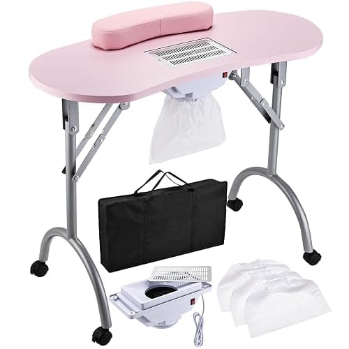 Faquenc Manicure Table with Nail Dust Collector, Portable Nail Table Rolling Nail Desk Nail Tech Travel Nail Station Foldable Professional Nail Salon Table with Cacuum,Arm Rest,Lockable Wheel,Bag,Pink - Image 1