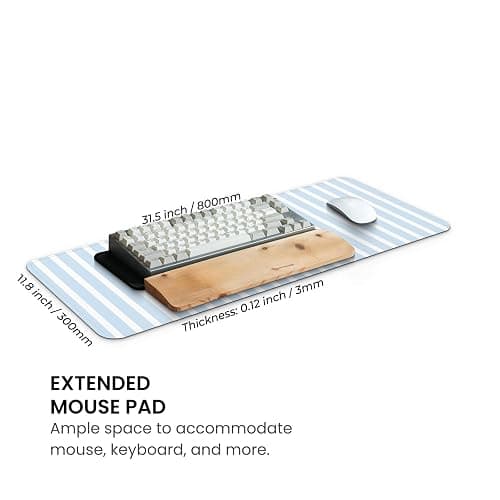 MAY FLOWER Large Aesthetic Mouse Pad, Full Kawaii Keyboard Mat with Cozy Striped Pattern, Cute Computer Mouse Mat, Anti-Slip Rubber Base, 31.5 x 11.8 Inches (Light Blue) thumbnail 3