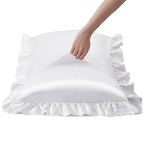 HommxJF Silky Satin Ruffled Pillow Cases for Hair and Skin,White Silk Pillowcases Queen Set of 2 with Envelope Closure Princess Room Decoration thumbnail 4