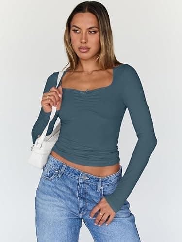 Trendy Queen Womens Long Sleeve Tops Going Out Top Trendy Cute Shirt Y2k Clothes Fashion Clothing Fall Outfits 2025 thumbnail 2