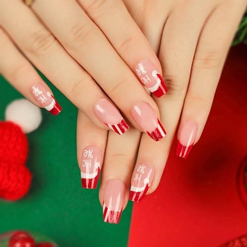 Christmas False Nails,24Pcs Square Stick on Nail with Red Hat Design, Short Press On Ballet Nude Pink Fake Nails with Glue Sticker for Women Gift (Red,Nude Pink,Hat) thumbnail 4