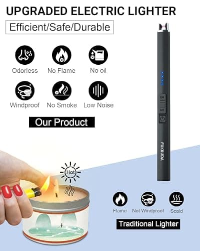 FUKKUDA Electric Candle Lighter with Safety Switch - USB Rechargeable Windproof & Flameless Plasma Arc Lighter, Stocking Stuffers for Women and Men (Obsidian Black) thumbnail 2