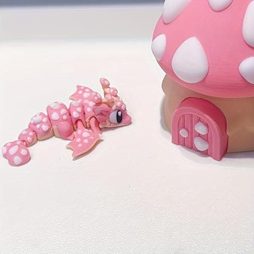 3D Printed Cute Mushroom House + Mushroom Dragon Toy Set,Cute Figurine Desktop Decorative Sculpture Ornament (Blue) thumbnail 7