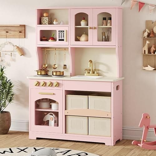 knoworld Play Kitchen for Kids, Wooden Toy Kitchen Set with Smart Storage & Accessories, Toddler Kitchen Playset with Stove & Oven, Pretend Play Set, Gift for Ages 3-8, Pink - Image 1