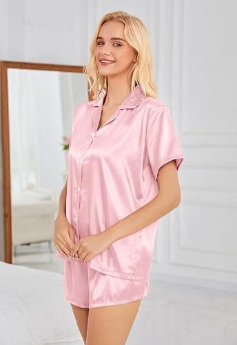DingCo Satin Pajamas for Women Solid Color, Silky PJs Set with Notch Neck & Adjustable Drawstring Shorts thumbnail 4