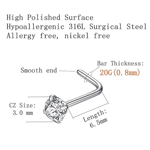 BLESSMYLOVE 316L Surgical Steel 22g/20g/18g Nose Rings Studs L-Shape Nose Nostrial Piercing Body Jewerly L Shaped Nose Studs 1.5mm 2mm 2.5mm 3mm CZ Nose Screw Studs Rings for Women thumbnail 2