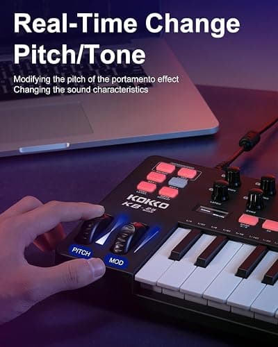 KOKKO 25 Key MIDI Controller Keyboard, USB Powered Mini MIDI Keyboard with 8 Backlit Pads 8 Assignable Knobs, Built-in Arpeggiator for Music Production, Compatible with Cubase/FL Studio/Logic thumbnail 3