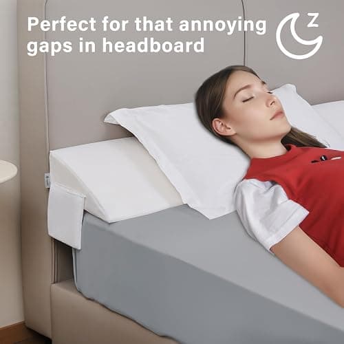 Vekkia Queen Bed Wedge Pillow for Headboard Gap Filler(0-5"),High-Density Foam,Prevent Pillow & Item from Falling,Ergonomic Design,Large Storage Pockets, Removable&Washable Cover,White,60''x10 x6 thumbnail 6