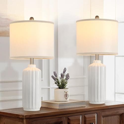 Liyicha Lamp for Living Room Bedroom Lamps Farmhouse Table Lamps Set of 2 Vertical Stripe Ceramic Table Lamp,Linen Shade with Bulb, 25 in High, White - White（Set of 2） - 25-inch high thumbnail 3