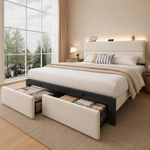 UHTN Queen Bed Frame with 2 Storage Drawers, Beige Velvet Upholstered | Platform Bed with Charging Ledge, LED Headboard Lighting, Metal Support, Noise Free, No Box Spring Needed, Easy Assembly thumbnail 7
