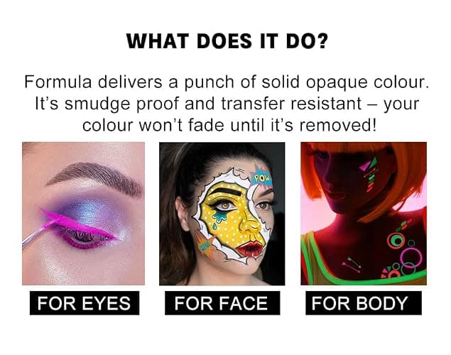 MEICOLY 2 Packs Water Activated Eye Liner Palette,Neon Face Paint Colored Retro Hydra Liner,Water Activated Eyeliner,Matte Graphic Eyeliner,UV Blacklight Glow Black White Face Body Paint,16 Colors - 2 Packs Water Activated Eyeliner thumbnail 7