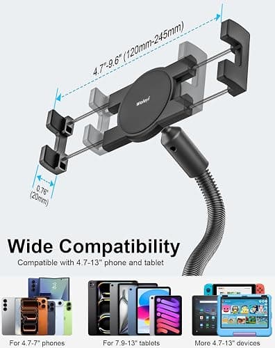 Gooseneck Tablet Holder for Wheelchair/Stroller/Golf Cart/Boat/Mic stand/Indoor Cycling Bike/Gym Bicycle Handlebar Clamp, Compatible with 4.7-13" iPad Pro/Air/Mini, iPhone, Galaxy, Fire HD, E-book thumbnail 7