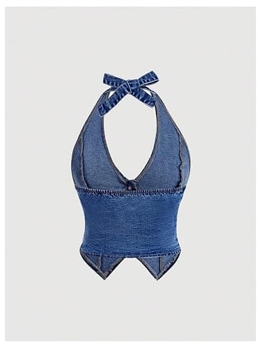 Milumia Women's Denim Halter Top Tie Backless Button Front Slim Fit Vests | Jean Top, Y2K, Corset Tops, Western Outfit, Sleeveless, Sexy, Summer, Concert, Festival Tops thumbnail 2