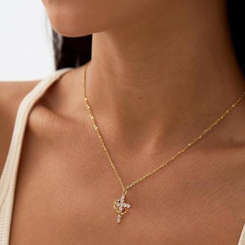 Upgraded Crown Cross Necklace for Women,14K Gold Plated & Silver Plated Crown Cross Pendant Necklace Diamond Cross Necklaces Faith Cross Jewelry First Communion Gifts, 12-Color Birthstone Necklaces for Women thumbnail 4