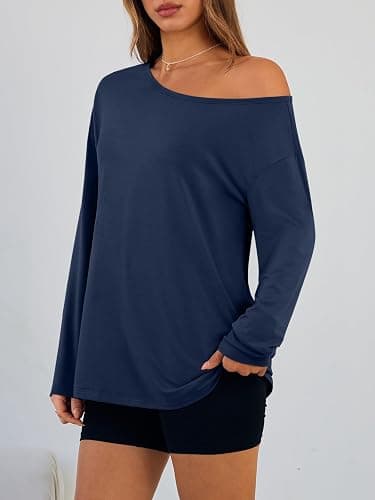 Trendy Queen Womens Off The Shoulder Tops Oversized Tshirts Long Sleeve 2025 Casual Basic Tees thumbnail 3
