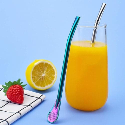 Stainless Steel Straw Filter Spoon, Yerba Mate Bombilla, Loose Leaf Tea Strainer, Tea Straw for Drinking Coffee, Cocktail, Pack of 5 with Cleaning Brush (5 colors) thumbnail 7