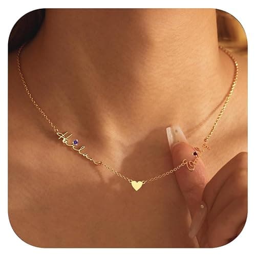 Mothers Day Personalized Name Necklace for Women, 18K Gold Plated Handmade Custom Necklace with Kids Name, Dainty Birthstone Choker Nameplate Jewelry Gift for Mom - Image 1