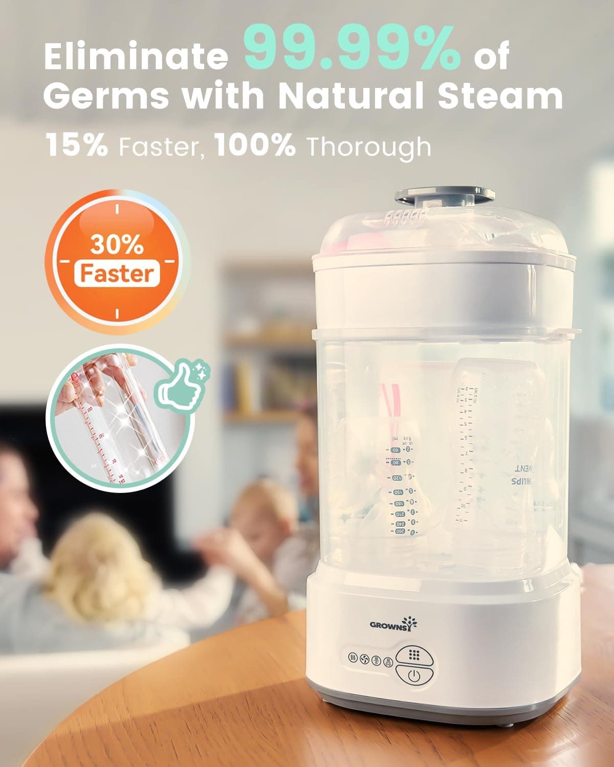 GROWNSY Bottle Steriliser and Dryer, Compact Electric Steam Baby Bottle Sterilizer, Bottle Sanitizer for Baby Bottles, Pacifiers, Pump Parts, White thumbnail 4