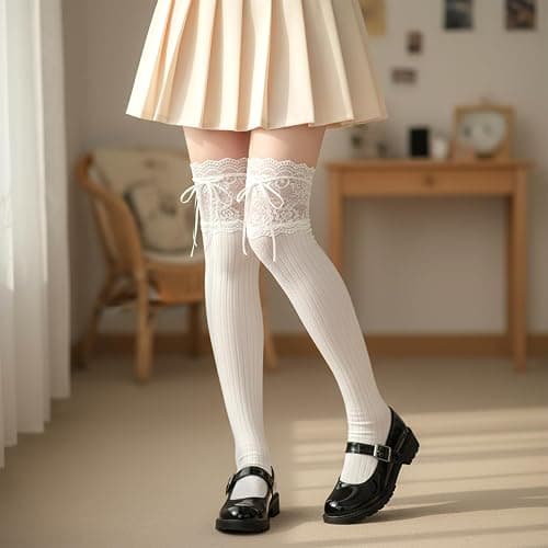 Zelphvt White Knee High Stockings, Lolita Socks with Bow Kawaii Ruffle Cute Lace Knee High Socks for Women Dating Dance thumbnail 4