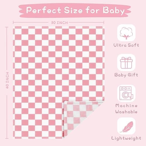 Yurhap Checkered Baby Blanket for Girls Pink Fleece Baby Blankets for Girls Boys, Warmer Comfort Lightweight Bed Blanket for Toddlers Infants or Newborn, 30''x40'', Pink thumbnail 3