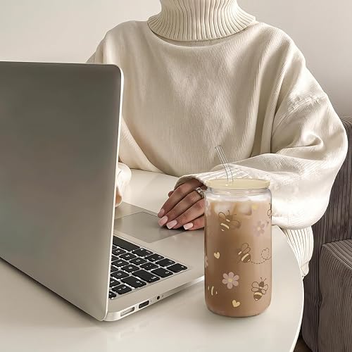 SANDJEST Bee 16oz Can Glass Tumbler with Acrylic Lid & Straw - Iced Coffee Cup for Women Girls, Aesthetic Cups Gifts for Birthday Christmas thumbnail 6