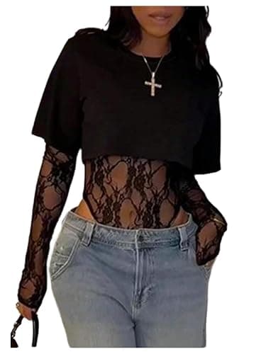 Milumia Women's Lace Bodysuit Long Sleeve Sheer Bodysuit Night Out Streetwear Outfits - Image 1