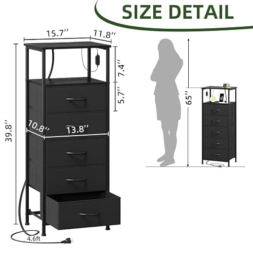 Somdot Black Nightstand with Charging Station and LED Light for Bedroom, Tall 5 Drawers Dresser with Fabric Bins for Bedside Kids Dorm Room Closet Laundry Entryway, Black thumbnail 3