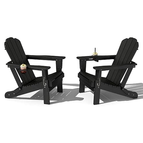 Domi Folding Adirondack Chair Set of 2, HDPE All-Weather Adirondack Chairs with Cup Holder, Outdoor Plastic Fire Pit Chairs Wood Texture for Poolside, Patio, Backyard, Deck (Black) - Image 1