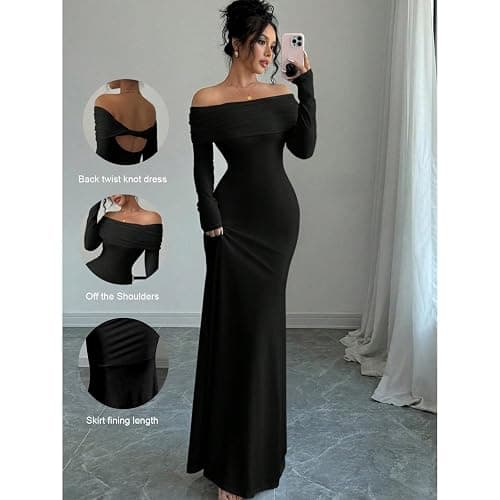 JYIXXZX Robe Femme Sexy Maxi Robes à Épaules Dénudées Elégant Manches Longues Bodycon Robes Longue Chic sans Bretelles Dos Nu Moulante Robe de Soirée Cocktail Nuit Clubbing Fête thumbnail 5