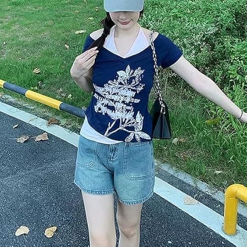 Y2k Baby Tee Women Crop Top Summer 2025 Streetwear 2000s Goth Emo Grunge Shirts Fake 2 Piece Grahpic Tees thumbnail 3