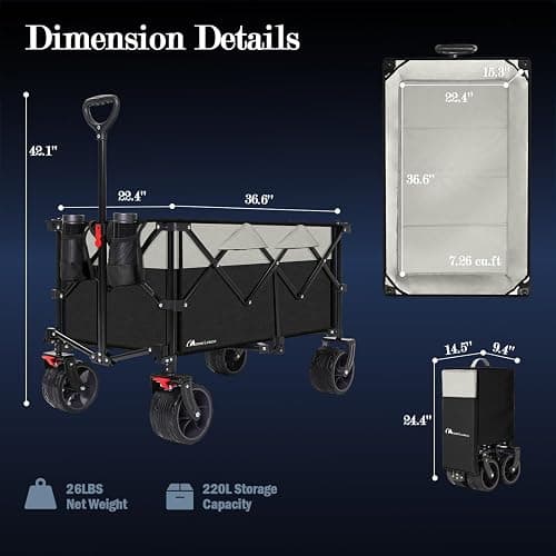 MOON LENCE Collapsible Foldable Wagon Cart, 220L Large Weight Capacity Folding Utility Wagon with All-Terrain Big Wheels, Utility Cart Wagon for Garden, Grocery, Shopping, Camping, Beach, Picnics thumbnail 2