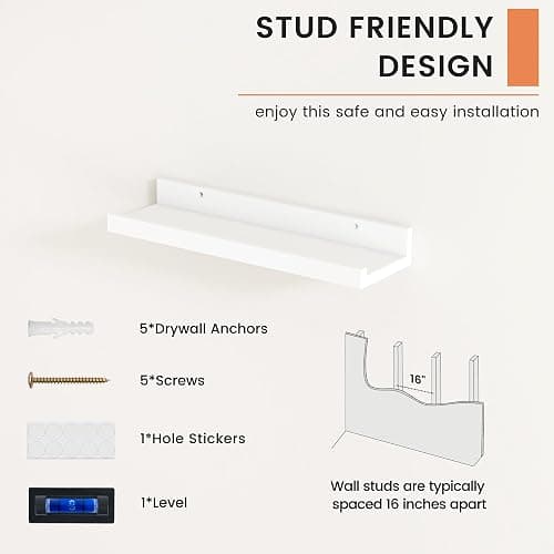 FLYJOE Picture Ledge Shelf, Floating Shelves Set of 2, 16 Inches Nursery Book Shelves for Toys Storage, Kids Bookshelf Wall Mounted for Living Room Bedroom Decor Books Photo Frames, White thumbnail 5