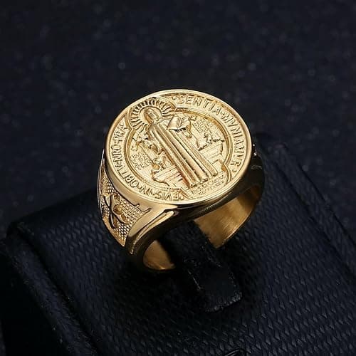 Carved St Benedict Signet Ring for Men,14K Gold Plated Stainless Steel Pinky Ring Christian Catholic Ring Jesus San Benito Protection Ring Religious Chi Rho Crucifix Jewelry… thumbnail 3