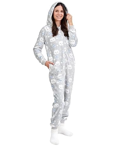 The Big Softy Adult Onesies for Women, Fleece Onesie PJs for Women, Teens, Funny Adult Onesie Pajamas, Cute One Piece Pajamas - Adult - Small - Grey Clouds