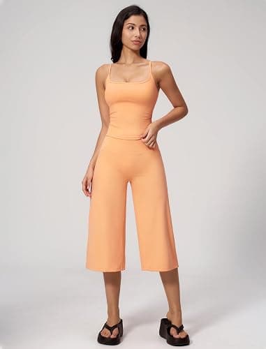 QBGJTD Womens Workout Sets Two Piece Spaghetti Straps Crop Top Matching Wide Leg Capri Pants Gym Work Pilates Outfits thumbnail 2