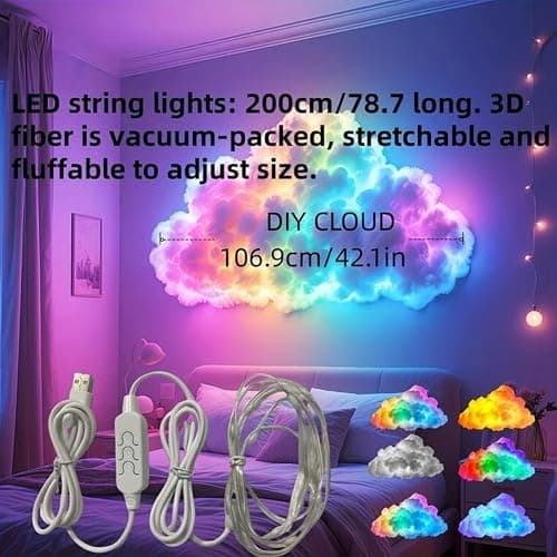 DIY USB-Powered Thundercloud LED Light Decor - 3D Big Cloud Lightning Light, RGB+IC Music Sync & Multicolor Effects for Bedroom, Gaming, Partys (200cm/6.56ft) thumbnail 6