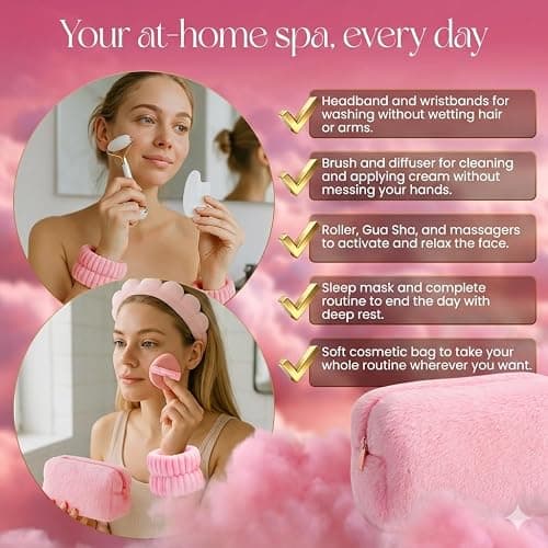Skincare tools set, cute skin care tool for teens, facial accesories for skincare, clean girl aesthetic gifts, teen skin care kit, pink selfcare item, face cleaning kit, face washing kit for teen girl thumbnail 3