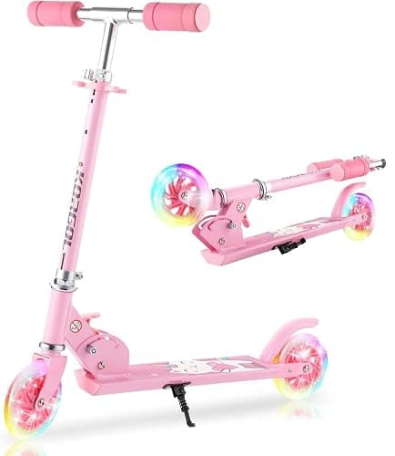 Scooter for Kids Ages 3-12 - Kids Kick Scooters with Led Light Up Wheels & 3 Levels Adjustable Handlebar, Lightweight Foldable 2 Wheel Girly Pink Scooter Christmas Birthday for Girls Boys. - Image 1