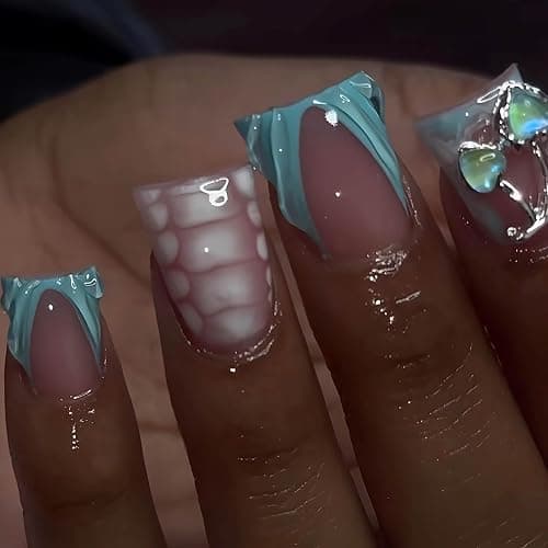French Tip Press on Nails Duck Nails Press on Medium Fake Nails with 3D Water Ripple Designs Glue on Nail Charms Full Cover Glossy False Nails for Women Acrylic Nail 24Pcs thumbnail 2