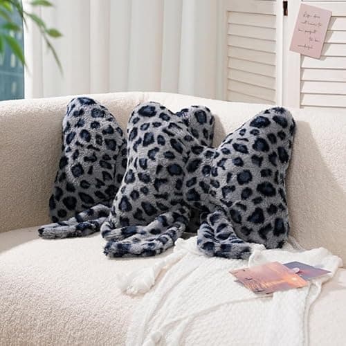 GKWW Leopard Print Throw Pillow Furry Bow Plush Pillows Cute Flower Plush Pillow Cheetah Home Decor Stuffed Bow Lumbar Pillow for Bed Couch Living Room Decor (Blue, 16in) - Image 1