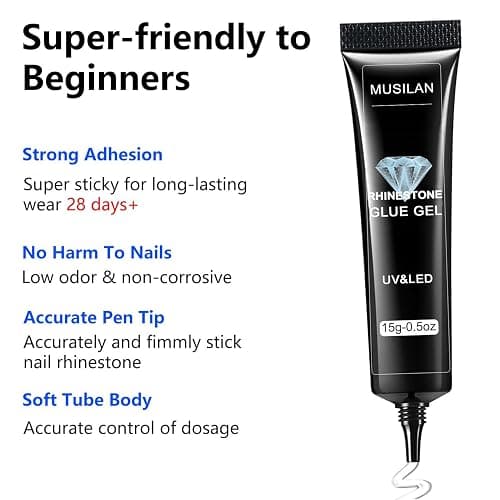 MUSILAN Nail Rhinestone Glue,Super Strong Rhinestones Gel Nail Glue for 3D Nails Beads Stickers Stones Crystals Diamond Art Jewels 3D Decorations Tools,Cured Need thumbnail 3