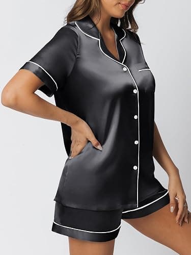 LILLUSORY Silk Satin Pajama Set for Women 2 Piece Lounge Pjs Shorts Matching Summer Sleepwear Button Down Shirt Shorts thumbnail 3