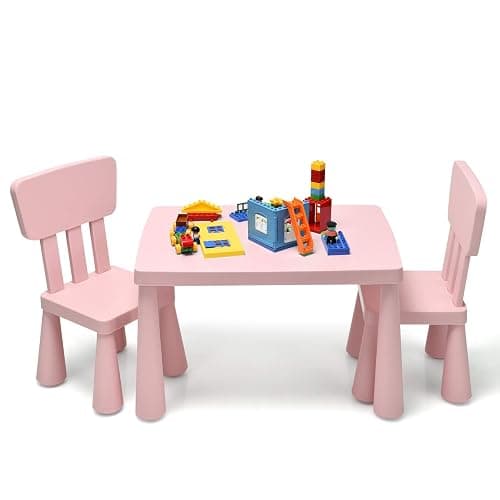 LIFEZEAL Set Tavolo e Sedie per Bambini 1-7 Anni, Tavolino Multiattivita in Plastica Rettangolare, Piccoli con Schienale con Capacità di 50 kg (rosa) - Image 1