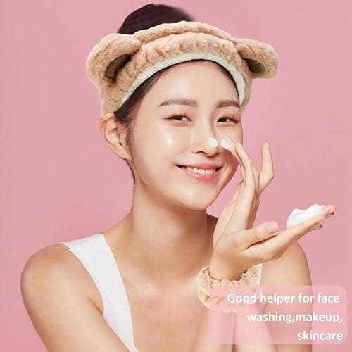 Canitor Face Wash Headband with Wrist Towels - Soft Coral Fleece Spa Makeup Headband, Cute Animal Elastic Skincare Design with Bear Ears thumbnail 3