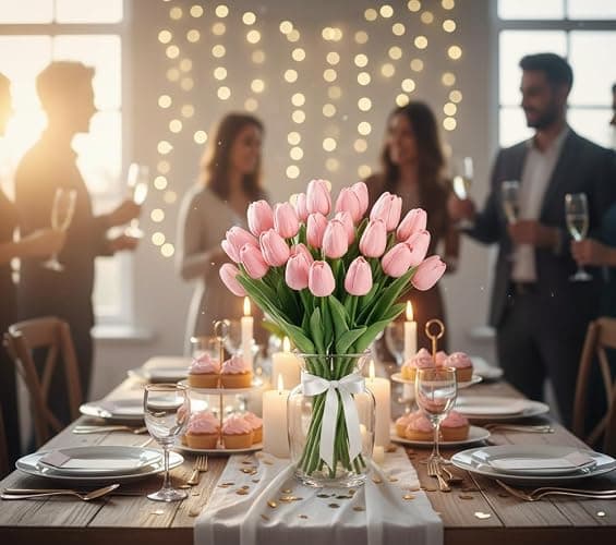 SHUERIET 20 Pcs Pink Artificial Tulips Faux Flowers, Real Touch Lifelike Fake Flower Bouquet, Home Kitchen Wedding Party Decorations, Spring Floral Arrangement thumbnail 6