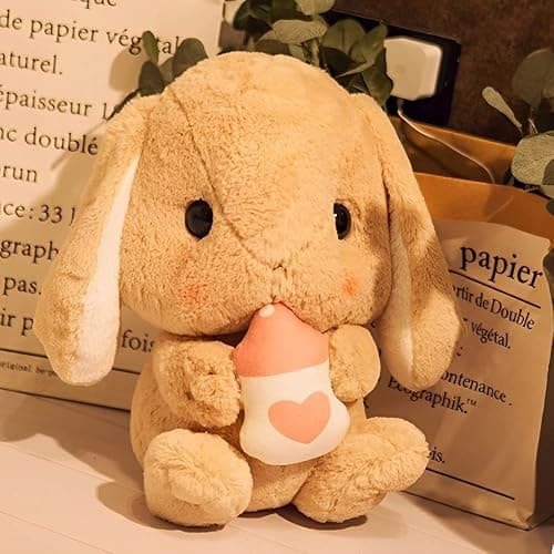 HOUPU Soft Toy - Sitting Lop Eared Rabbit, Easter White Rabbit Stuffed Bunny Animal with Carrot Soft Lovely Realistic Long-Eared Standing Pink Plush Toys (Brown-Milk Bottle,8.6in/22cm) thumbnail 8