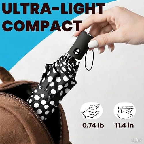SIEPASA Windproof Travel Compact Umbrella-Automatic Umbrellas for Rain- Folding Umbrella, Travel Compact Umbrella.(Black Polka Dots) thumbnail 3