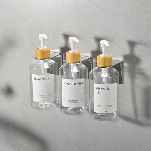 Janxin 3 Pièces Distributeur de Shampoing Mural, Distributeur Savon Mural 500ml, Distributeur de Savon Mural sans Perçage, avec Étiquette Étanche (Flacon Transparent + tête en Bambou Blanc) thumbnail 6