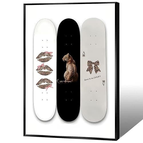 Trendy Black And White Skateboard Canvas Wall Art Vintage Ace Card Bow Born To Be Lucky Posters Pink Bow Leopard Sexy Lips Wall Decor For Girls Room Bedroom Dorm Apartmen 12x16in Wrapped Canvas - Image 1